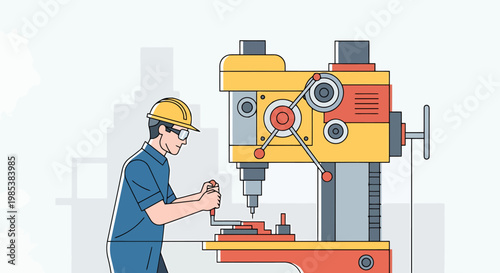 Skilled worker operating a large industrial drilling machine in a manufacturing facility engaged in precision metalworking tasks for production and fabrication processes within a factory