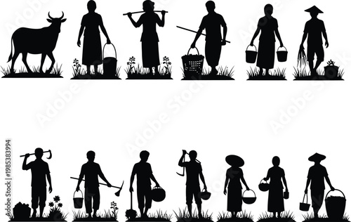 Vietnamese rural life silhouette depiction of traditional occupations