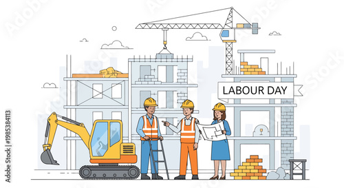 Skilled professionals diligently constructing large buildings with heavy machinery and architectural plans on a bright day celebrating the spirit of hard work and dedication to civil engineering