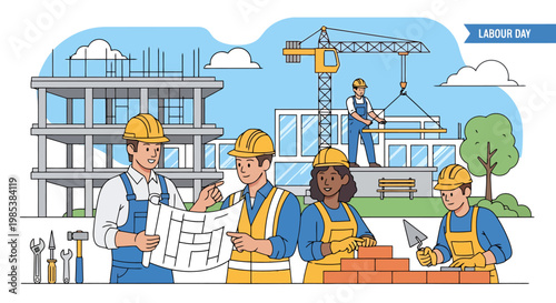Construction workers collaborate on a building site planning project reviewing blueprints and assembling materials celebrating labor development and building industry progress with tools and