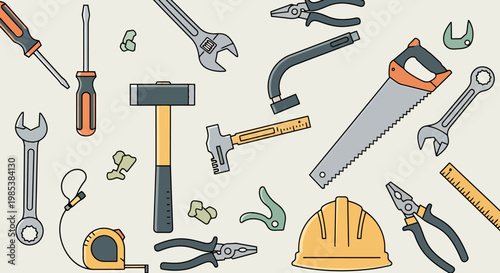 Collection of assorted hand tools and workshop implements arranged in a visually appealing spread for construction repair and DIY projects showcasing a variety of instruments used for manual