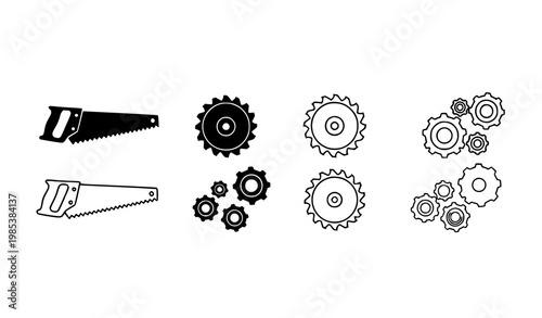 Construction tools icon set with hand saw circular blade gear and cog symbols in black fill and outline style vector