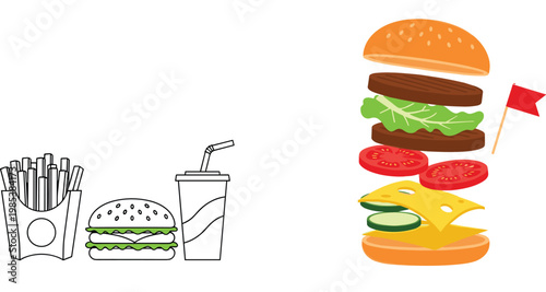 Fast food vector illustration with burger layers, fries and soda drink isolated minimal composition modern flat design collection
