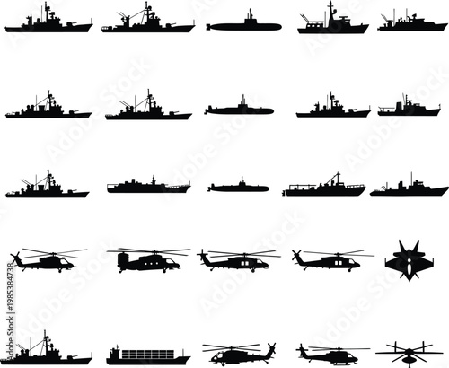 Silhouettes of various naval ships and watercraft on a white background
