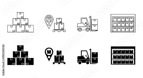 Warehouse Icon Set Boxes Inventory Forklift Logistics Tracking Storage Outline and Filled Vector UI Icons