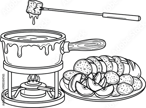 Fondue pot with melted cheese and sliced potatoes on a plate