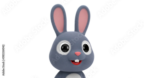 Cute 3D animated gray bunny with big eyes and pink ears