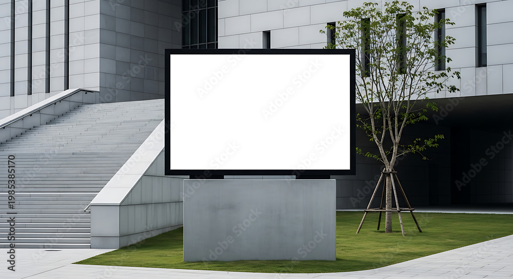 Fototapeta premium Large blank white billboard on concrete base in front of modern building