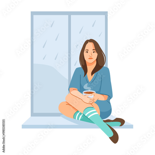 Woman sitting with tea by rainy window in simple flat style on white backdrop, expressing calm loneliness. Vector illustration