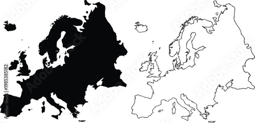 Europe map outline and silhouette comparison vector illustration.