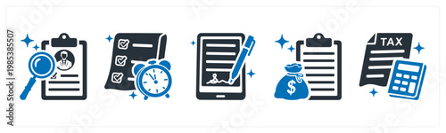 A set of 5 mix icons as search candidate, deadline, agreement