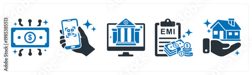 A set of 5 mix icons as fintech app, scan to pay, banking app