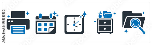 A set of 5 mix icons as printer, calendar, clock