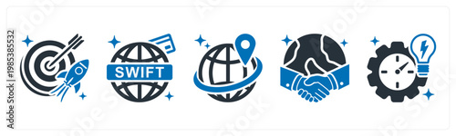 A set of 5 mix icons as business mission, swift payment, expansion