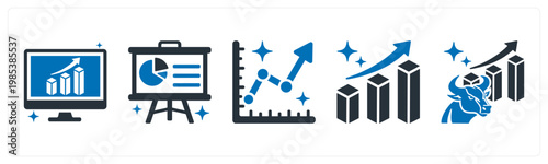 A set of 5 mix icons as dashboard, presentation board, line chart