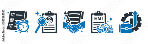 A set of 5 mix icons as deadline, search candidate, contract