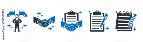 A set of 5 mix icons as leadership, handshake, contact agreement