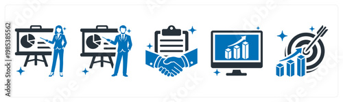 A set of 5 mix icons as presentation, contract agreement, dashboard