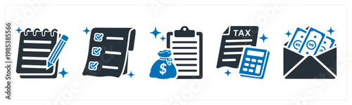 A set of 5 mix icons as notepad, receipt, loan