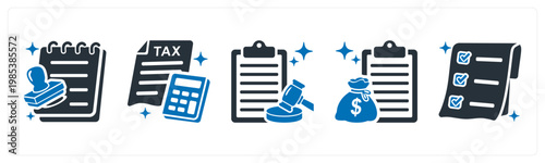 A set of 5 mix icons as loan approval, tax, compliance