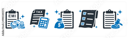 A set of 5 mix icons as emi payment, tax, loan