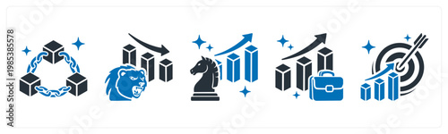 A set of 5 mix icons as blockchain, bear market, competitive advantage