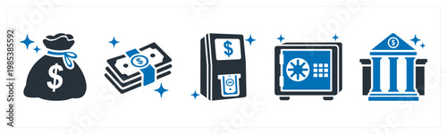 A set of 5 mix icons as money bag, cash, atm