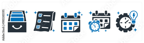A set of 5 mix icons as archive box, receipt, calendar