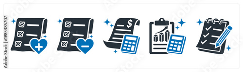 A set of 5 mix icons as add to wishlist, remove from wishlist, bill