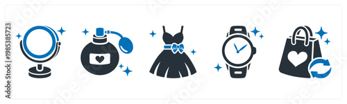 A set of 5 mix icons as mirror, perfume, dress