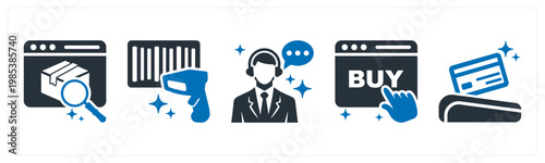 A set of 5 mix icons as search product, barcode scan, chat support
