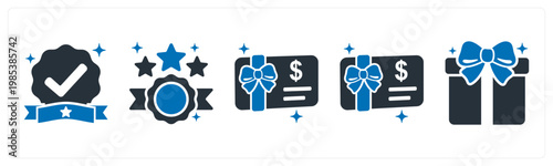 A set of 5 mix icons as verified badge, top rated, gift card