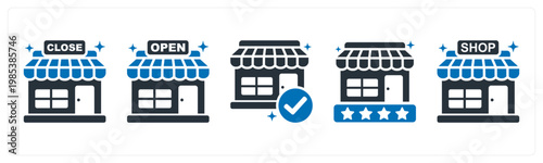 A set of 5 mix icons as store closed, store open, store approval