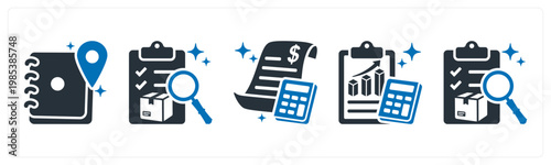 A set of 5 mix icons as address book, product details, bill