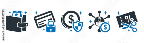 A set of 5 mix icons as digital wallet, secure payment, payment success