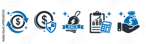 A set of 5 mix icons as cashback, payment success, flash sale