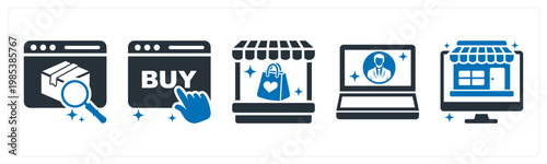 A set of 5 mix icons as search product, purchase, vendor store