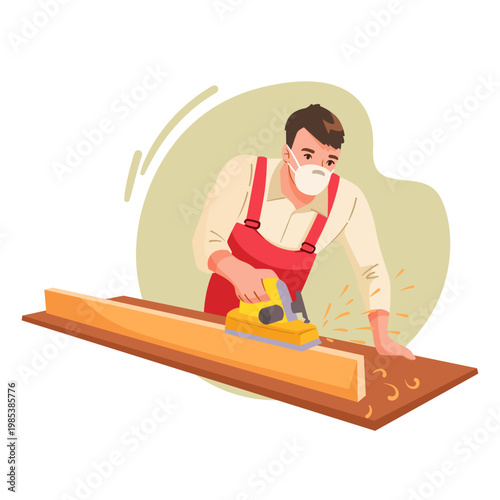 Carpenter working on wood plank in flat graphic style on light backdrop, concept of handmade craft and safety. Vector illustration