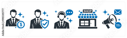 A set of 5 mix icons as affiliate, verified buyer, chat support