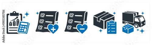 A set of 5 mix icons as sales report, add to wishlist
