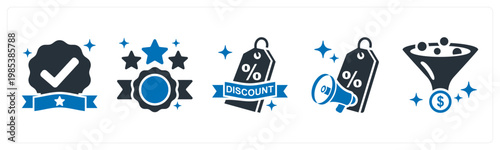 A set of 5 mix icons as verified badge, top rated, discount