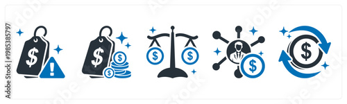 A set of 5 mix icons as price alert, lowest price price comparison