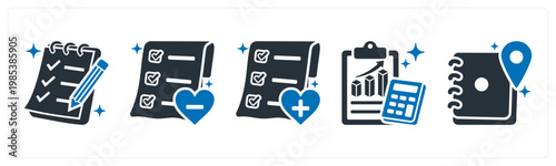 A set of 5 mix icons as wishlist, remove from wishlist, add to wishlist