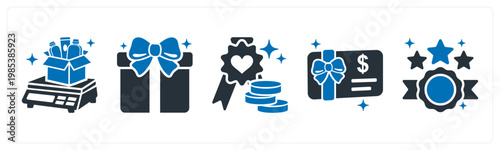 A set of 5 mix icons as weight machine, gift, loyalty points