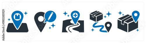 A set of 5 mix icons as pickup point, edit address, add address