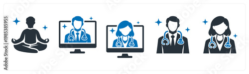 A set of 5 mix icons as medidation, online consultation, male doctor