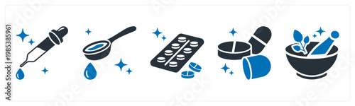 A set of 5 mix icons as medicine dropper, cough syrup, blister pack