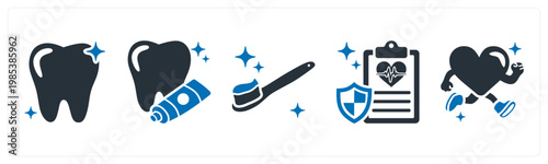 A set of 5 mix icons as dental care, tooth paste, tooth brush