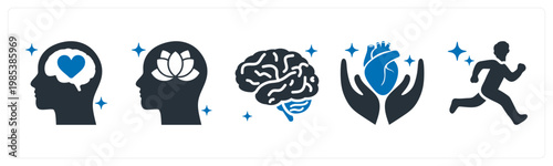 A set of 5 mix icons as mental health, stress relief, brain