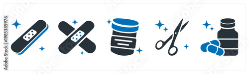 A set of 5 mix icons as bandage, sample container, surgical scissors